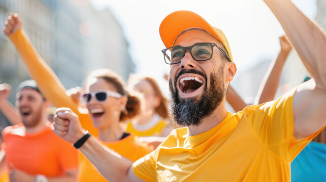 group of enthusiastic runners celebrates during vibrant charity marathon, showcasing unity and joy. participants, wearing bright athletic gear, cheer energetically in sunlight