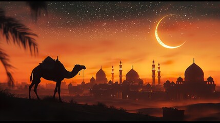 Obraz premium A crescent moon and star glowing in the twilight sky