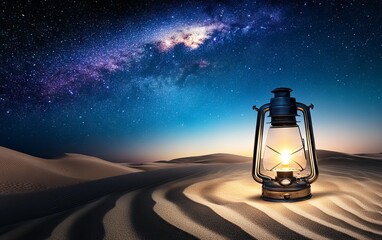 Lantern Glowing in Dark Desert for Ramadan