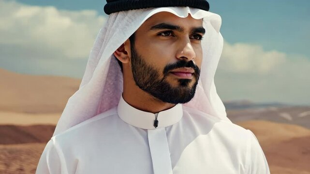 Striking video of a man wearing a white kandura and ghutra, standing confidently in a desert environment under a bright blue sky. Video made using Generative AI.