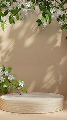 Elegant Display with Fresh Flowers and Wooden Podium on Neutral Background