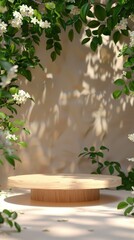 Minimalist wooden display stand surrounded by green foliage and flowers