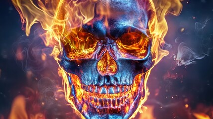 Intense flames engulf a glowing skull, creating a captivating display of dramatic light and shadow against a dark backdrop