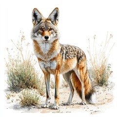 Obraz premium A detailed illustration of a coyote standing in a natural habitat with desert vegetation surrounding it
