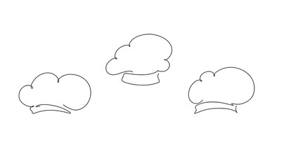 A set of different cook caps, hand-drawn with a single line, vector. Black and white graphic illustration. The kitchen employee's uniform accessory element. Simple drawing decoration for menu design