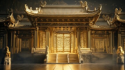 Fototapeta premium Golden Architectural Splendor: A Grand Temple with Intricate Details and Golden Lions
