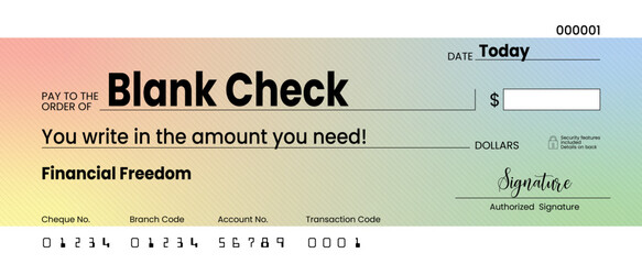 Gradient blank check template in vector format for bank cheque design.