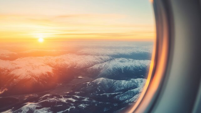 Sunlight breaks over the horizon, illuminating the peaks of snow-capped mountains as seen from an airplane window during flight