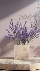 Soft Lavender Blooms in a Minimalist Wood Vase on a Serene Background