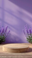 Wooden Platform Surrounded by Purple Flowers in Soft Light Setting