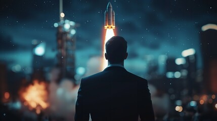 Businessman Holding Virtual Rocket Launch for Investment