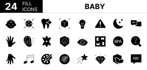 Collection of 24 baby fill icons featuring editable strokes. These outline icons depict various modes of baby, children, toy, feature, tactile, development, skill, coordination, game, therapy, memory,