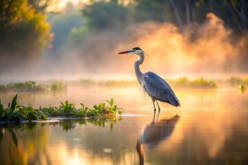 Naklejka premium Heron Wading Peacefully in Misty Wetland Amidst Golden Morning Light