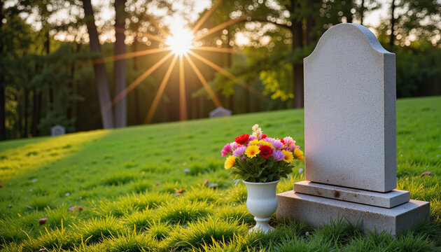 Lone gravestone adorned with colorful flowers in peaceful cemetery during golden hour
