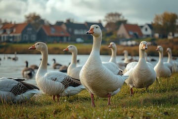 Obraz premium White geese and ducks on grass with other farm animals, houses in distance on sunny green meadow.