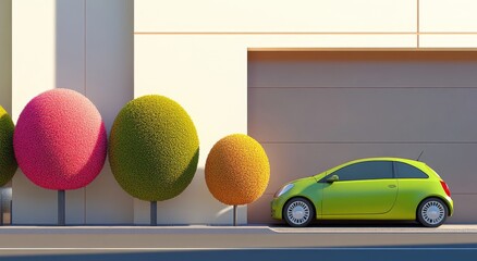 Green Car and Topiary Trees in Front of Apartment