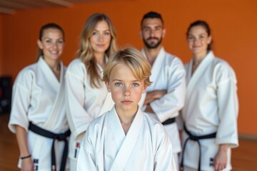 Fototapeta premium Young boy in karate uniform standing confidently during martial arts training