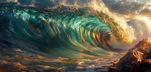 Tall, colorful ocean wave about to break over a reef, shades of emerald and teal in the water, with sunlight illuminating the wave crest as it rolls over rocks.