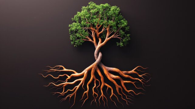 tree with intertwined roots and lush green leaves symbolizes deep connection and growth against dark background. vibrant roots spread out, showcasing nature resilience and strength