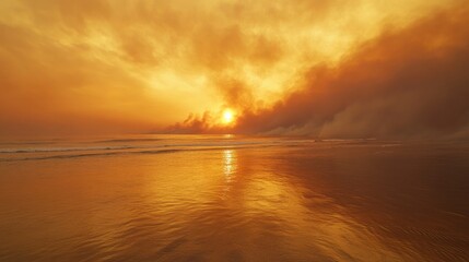 Obraz premium The dramatic sunrise casts a golden hue over the ocean, filtering through the haze of smoke from a bushfire, creating a striking and atmospheric scene with reflections shimmering on the water.