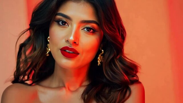Striking beauty shot of a confident woman with defined features, vibrant red lips, and gold earrings, set against a glowing orange backdrop. Video made using Generative AI.