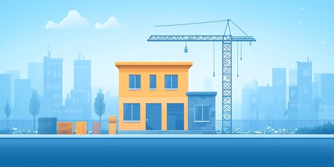 Obraz premium Urban house construction site with crane, boxes, city skyline background