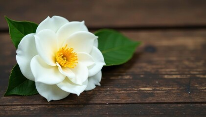 Naklejka premium Delicate white camellia flower on a wooden table, bloom, simplicity, wood