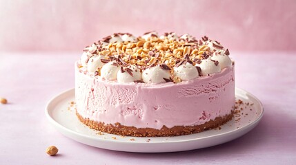 Vegan ice cream cake topped with vegan white chocolate shavings and crushed peanuts, isolated on soft lavender