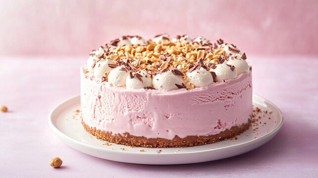 Vegan ice cream cake topped with vegan white chocolate shavings and crushed peanuts, isolated on soft lavender