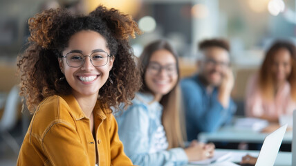 Obraz premium group of young professionals collaborating in modern office setting, with focus on smiling woman in foreground