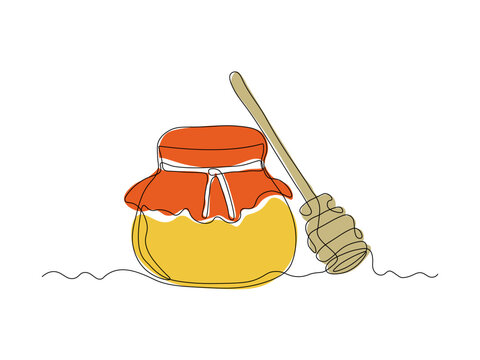 recommend clip art: abstract jar of honey and spoon for honey, continuous single one line art hand drawing sketch logo