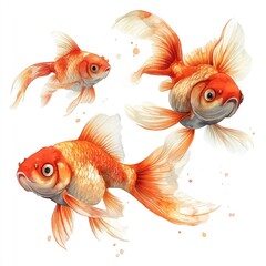Three vividly illustrated goldfish swimming gracefully, showcasing their vibrant colors and fluid movement