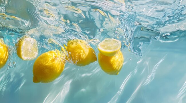 Fresh lemons submerged in sparkling water, creating dynamic splashes and reflections.