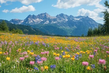 Leavenworth Mountains with Blooming Wildflowers in British Columbia, Canada