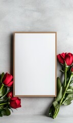 Elegant Blank Frame Surrounded by Red Roses on Gray Background for Creative Projects and Floral Presentations
