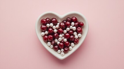 A heart-shaped bowl filled with gluten-free cherries, styled with delicate edible pearls, isolated on soft pink