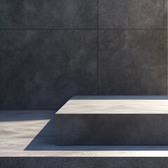Minimalist grey stone platform against dark tiled wall.