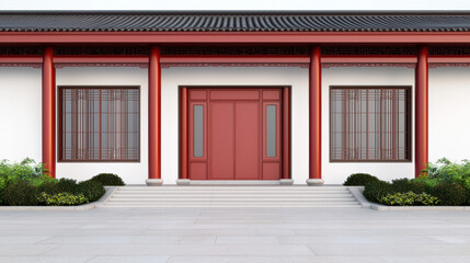Traditional Chinese building with red columns and wooden doors