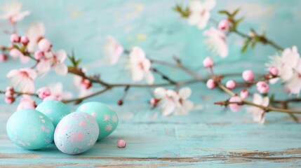 Brightly colored Easter eggs sit beside delicate spring flowers on a rustic wooden table, celebrating the essence of the season