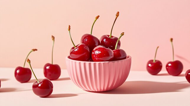 A minimalist setup of Parisian cherries with gluten-free wafers, isolated on light peach background