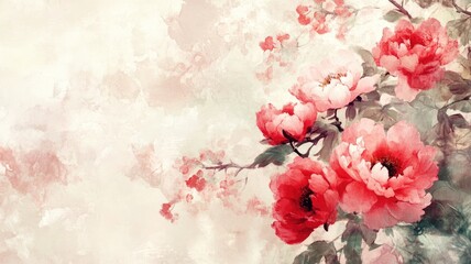 Elegant watercolor painting of red and pink peonies in full bloom