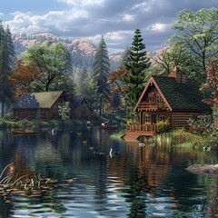 Fototapeta premium Idyllic lakefront cabins nestled in a tranquil mountain valley, reflecting serenity.