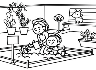 Mother planting with kid 