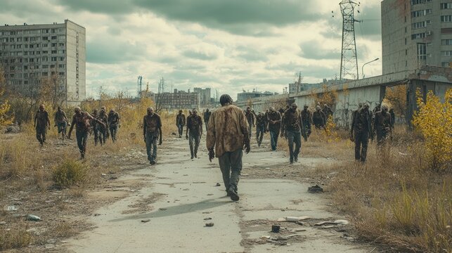 Horde of zombies walking towards the camera on a desolate road.