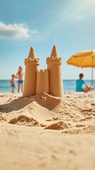 Family builds sandcastles on sunlit beach travel experiences playful eye-level view