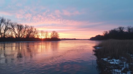 Fototapeta premium Golden hues cascade across the water as the sun sets behind silhouetted trees, creating a peaceful lakeside atmosphere