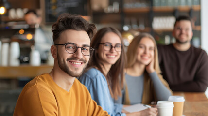 Obraz premium group of friends smiling and brainstorming ideas at trendy cafe, enjoying coffee together. atmosphere is casual and relaxed, with focus on collaboration and creativity