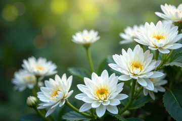 Delicate white chrysanthemum petals tangled in a garland, blossoms, greenery