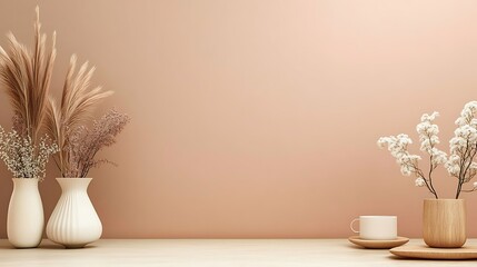Dried Flowers and Coffee Cup on Wooden Surface