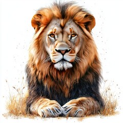 Fototapeta premium Majestic lion resting in golden grass, exuding strength and calmness, with a blurred savanna backdrop